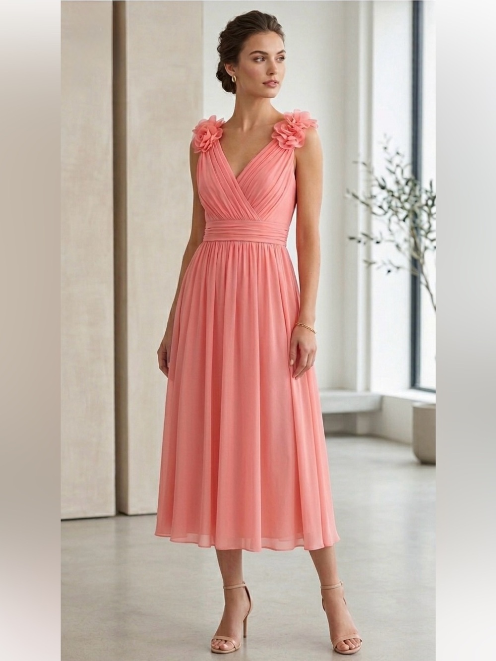 Adrianna Papell 100% Silk Coral Pink Pleated Rosette Maxi Dress Size 8